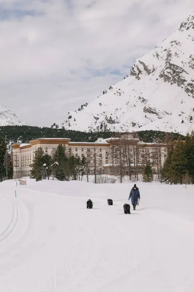 瑞士马洛哈 2024年3月 优雅的马洛哈宫酒店的建筑 周围环绕着雪山 免版税图库图片