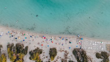 Punta Prosciutto, Puglia - 16 Ağustos 2024: Salento 'daki ünlü San San Prosciutto plajının insansız hava aracı görüntüsü.