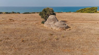 Puglia 'daki sahil kenarındaki eski Trulli evleri.