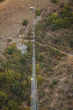 Sasso di Castalda, İtalya - Ağustos 2024: Bir hava manzarası, çevresindeki yeşil ve kahverengi yapraklarla kayalık bir arazide uzanan uzun ve askıya alınmış bir yaya köprüsünü yakalar, maceracı manzarayı ve mühendisliği vurgular..