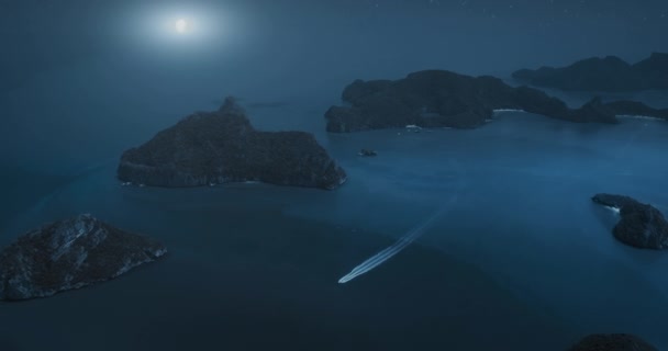Mistik Adalar Işığı Gece Mavisi Okyanus Manzarası Sürat Teknesi Ulaşımı — Stok video