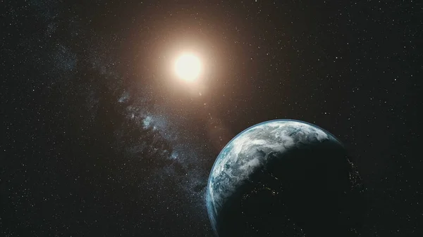 Jorden Omloppsbana Rotation Sun Beam Vintergatan Bakgrund Mörkt Yttre Rymden — Stockfoto