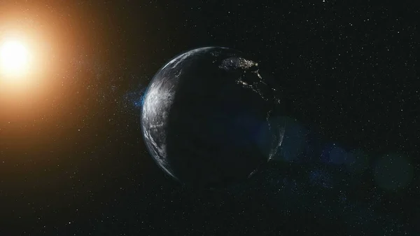 Obróć Planet Earth Zoom Sun Beam Oświetlać Niebiańska Galaktyka Konstelacja — Zdjęcie stockowe