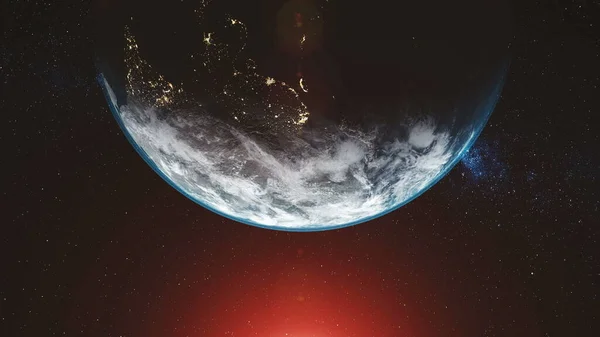 Earth Orbit Planet Skyline Flare Sun Beam Glow Cosmic Bright — Stock Photo, Image