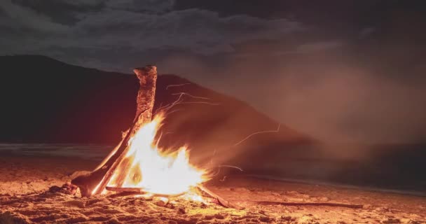 Ognisko Plaży Nocy Świetle Księżyca Timelapse Nad Górską Wyspą Płonące — Wideo stockowe