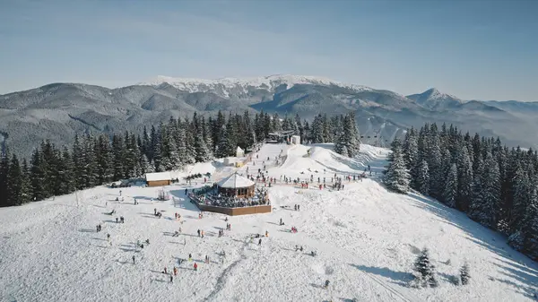 积极参加高山空中冬季运动 滑雪场是游客的地标 度假别墅里的人雪地的自然景观 乌克兰布科维尔喀尔巴阡山的松树林 免版税图库图片