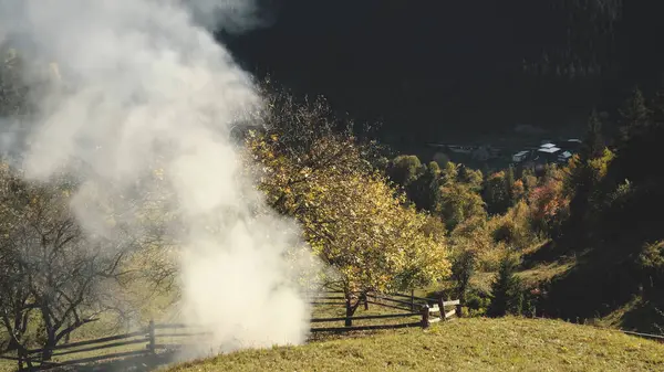 浓烟弥漫在高山上 叶林在浓雾中 秋天没有自然景观 野火概念 山村的乡村别墅 喀尔巴阡山 乌克兰 免版税图库照片