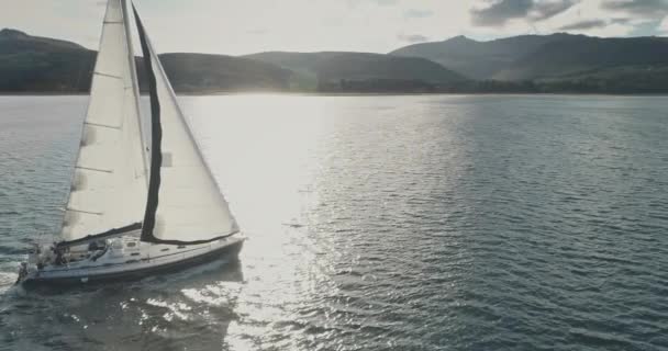 Sun Shine Yacht Mountain Island Coast Aerial Luxury Sailboat Regatta Royalty Free Stock Footage