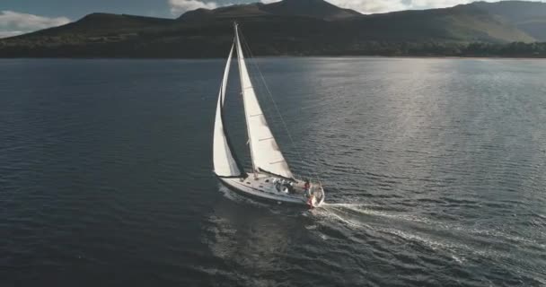 豪華なヨットの反射空気と海の湾で太陽の光 オープンオーシャンでの壮大な客船クルーズ 観光や旅行のライフスタイル 日差しの中で夏休みの風景 映画の海景 ロイヤリティフリーのストック動画