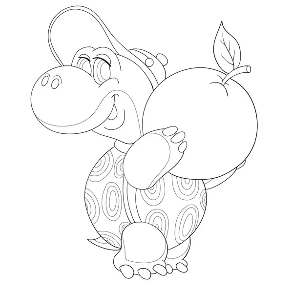 大きな帽子をかぶったかわいい亀は手に大きなリンゴを持ってるぬり絵白い背景に孤立した物体漫画イラストベクトルEps — ストックベクタ