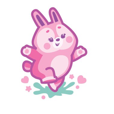 stilize edilmiş pembe tavşan neşeyle zıplıyor, karikatür çizimi, beyaz arkaplanda izole edilmiş nesne, vektör, ep