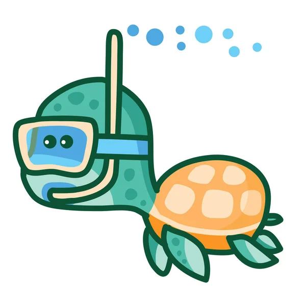 Stylized Turtle Swims Underwater Mask Snorkel His Mouth Cartoon Illustration — Stock Vector
