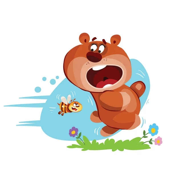 一只大棕熊在恐惧中从一只开着花的小蜜蜂身上跑开 漫画插图 白色背景上孤立的物体 — 图库矢量图片