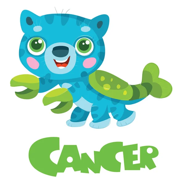 Zodiac Sign Cancer Blue Cat Green Ticks Shell Year Cat — Stock Vector