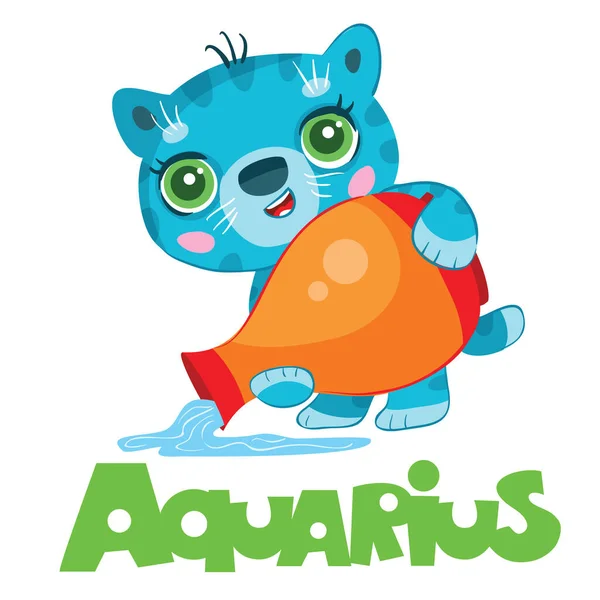 Aquarius Zodiac Sign Blue Cat Pours Water Jug Year Cat — Stock Vector
