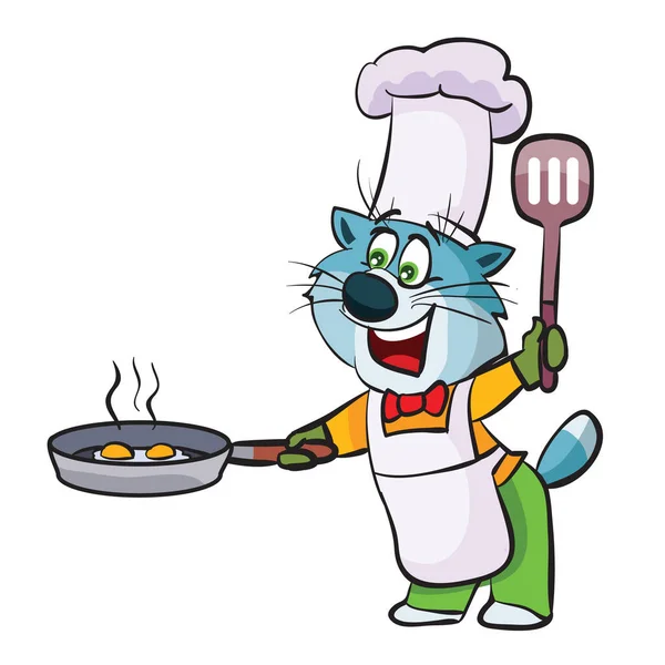 シェフの帽子とエプロンの青い猫は ホットフードとスパチュラでフライパンを保持しています料理 漫画のイラスト 白い背景に孤立したオブジェクト ベクトル Eps — ストックベクタ