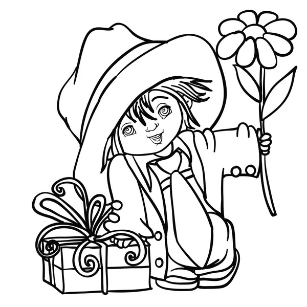 一个穿着大夹克 头戴大帽子的男孩 手里拿着花 靠在一个盒子上 盒子上系着弓 卡通画 白色背景上的孤立物体 — 图库矢量图片