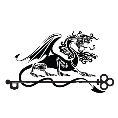 Heraldry, logo, dört ayaklı siyah güçlü bir ejderha kuyruğunu büyük bir anahtara doladı ve onu korudu, beyaz arkaplandaki izole bir nesne, vektör çizimi,