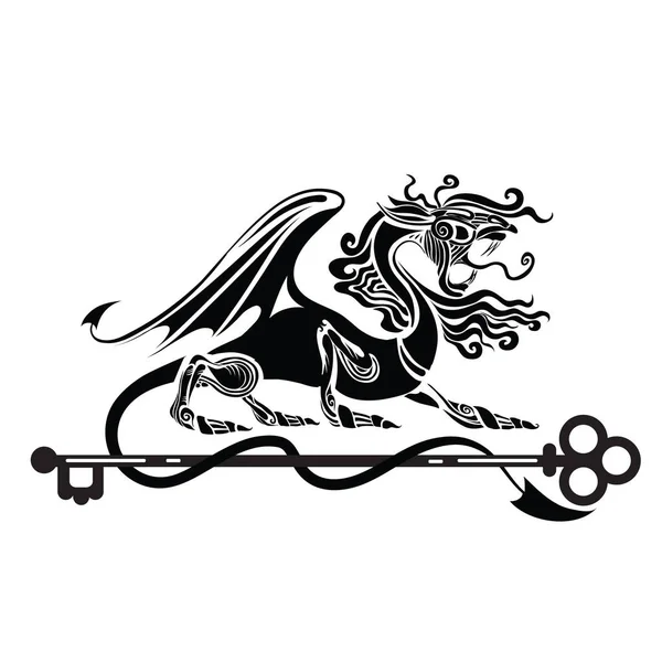 Araldica Logo Potente Drago Nero Quattro Zampe Avvolto Coda Intorno — Vettoriale Stock
