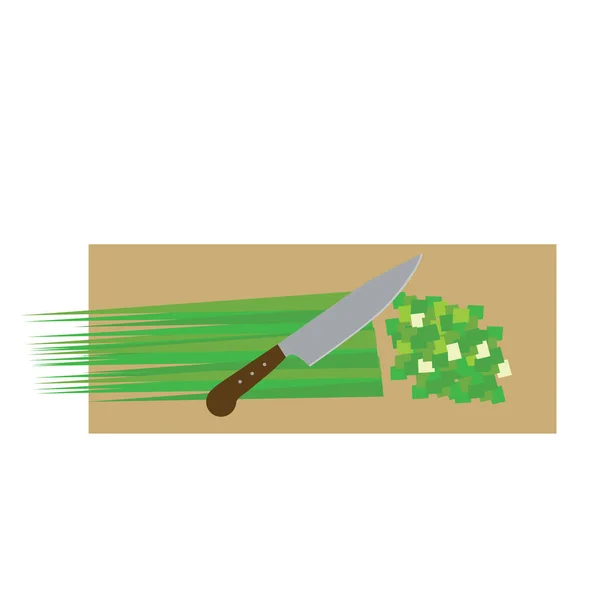 Kesme Tahtasının Üzerinde Bıçakla Yeşil Soğanı Parçalara Ayırmak Beyaz Arkaplandaki — Stok Vektör