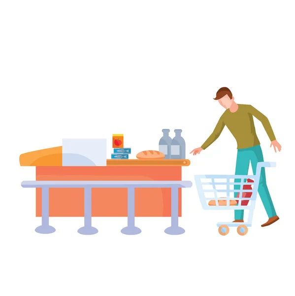 Man Stands Checkout Takes Out Groceries His Trolley Flat Isolated Ilustração De Bancos De Imagens