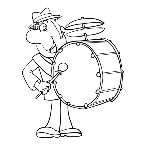 Sketch Man Hat Plays Bass Drum Cartoon Illustration White Background — Wektor stockowy