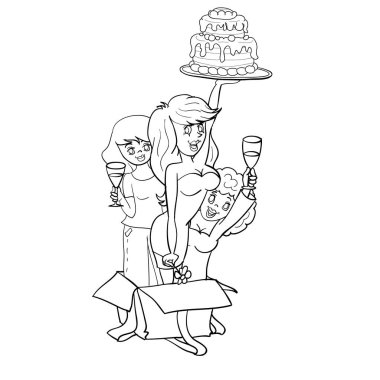 sketch, three women jump out of the box with gifts, isolated object on a white background, cartoon illustration, vector, eps