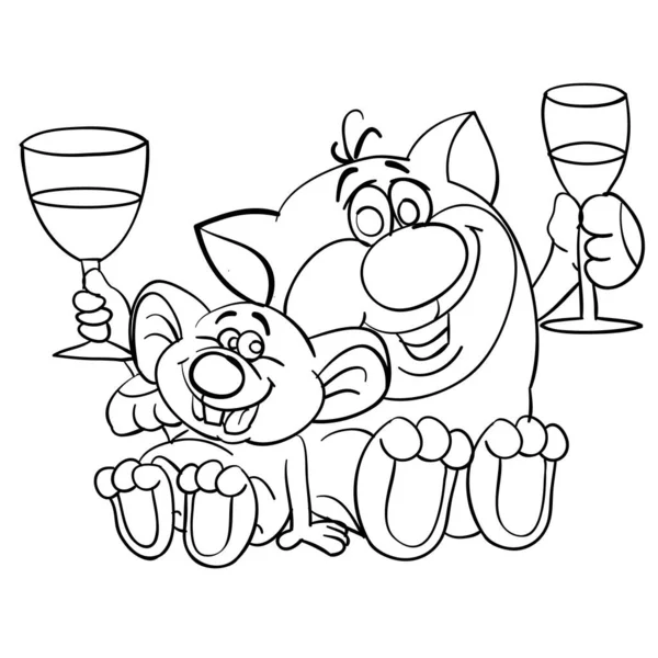sketch, cat and mouse sit together and drink champagne from glasses, isolated object on white background, illustration cartoon, vector, eps