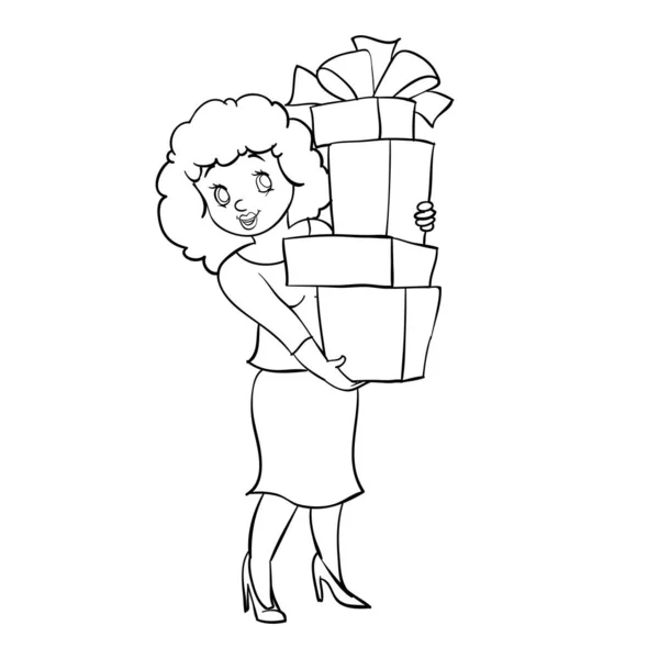 スケッチ 女性は 彼女の手に贈り物と多くのボックスを運ぶ 白い背景に孤立したオブジェクト 漫画のイラスト ベクトル Eps ストックイラスト