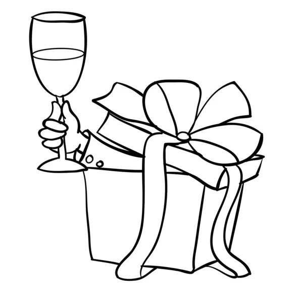 スケッチ箱にはプレゼントの弓が付いていて手がシャンパンのグラスで突き刺さってる白い背景に孤立した物体イラスト漫画ベクトルEps ロイヤリティフリーのストックイラスト