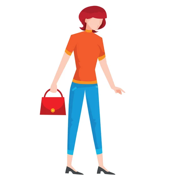 Flat Woman Blue Jeans Orange Shirt Holds Red Handbag Her — Stock Vector