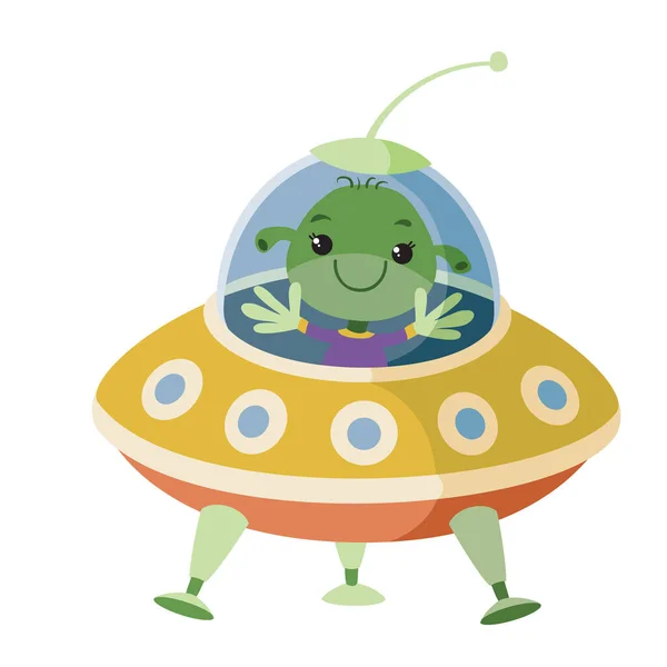Cute Green Alien Sits Flying Saucer Waves His Hand Greeting — Stock Vector