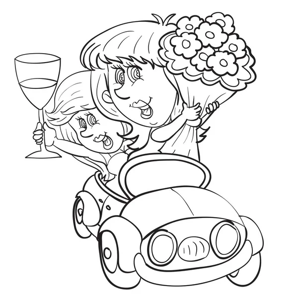 Σκίτσο Παράνυμφοι Βόλτα Ένα Αυτοκίνητο Και Κρατήσει Ένα Μπουκέτο Λουλούδια — Διανυσματικό Αρχείο