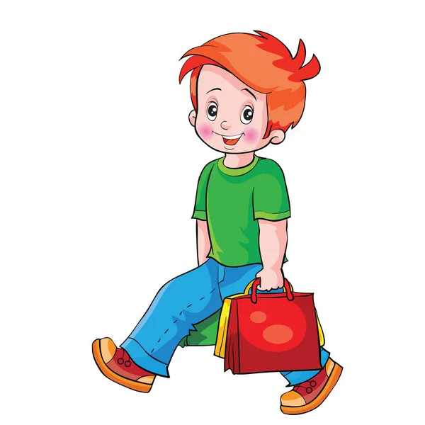 Junge Trägt Fröhlich Einkaufstaschen Cartoon Illustration Isoliertes Objekt Auf Weißer — Stockvektor