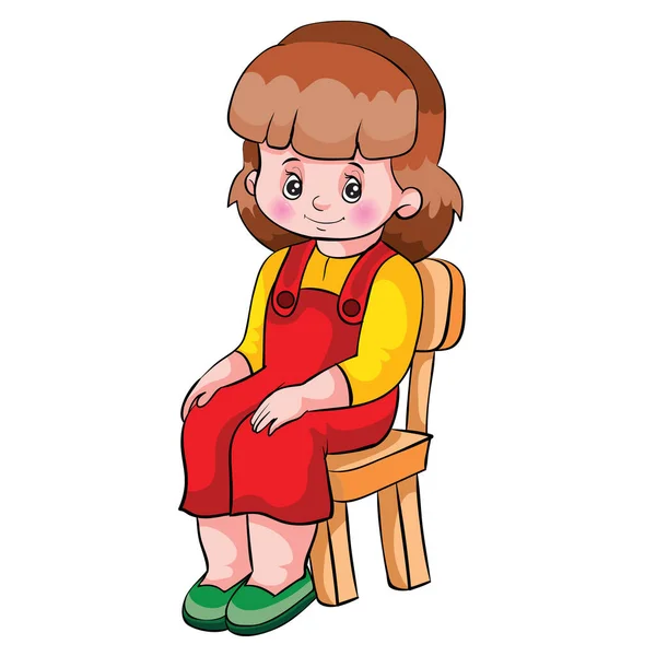 Kırmızı Tulumlu Kız Bir Sandalyeye Oturur Karikatür Çizimi Beyaz Renkli — Stok Vektör