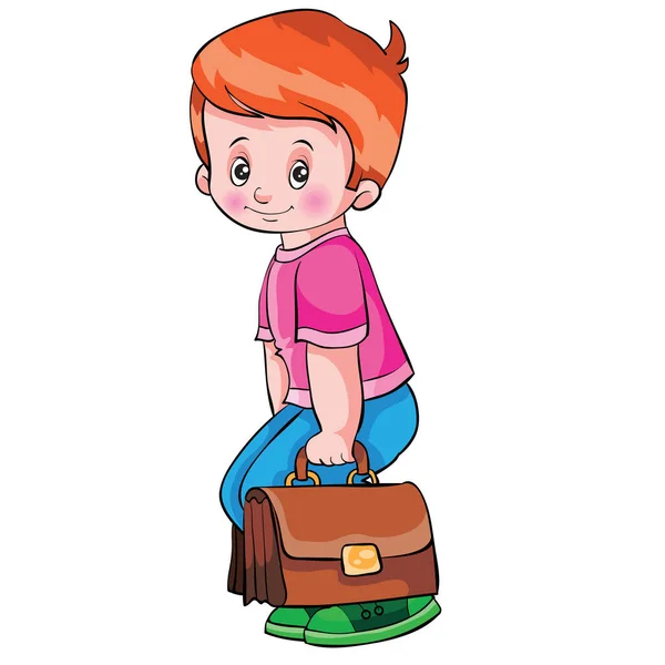 少年は地面から本と重いブリーフケースを持ち上げます 漫画のイラスト 白い色に孤立したオブジェクト ベクトルのイラスト Eps — ストックベクタ