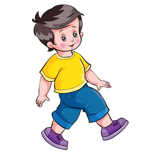 黄色のTシャツを着た少年が熱心に歩き 漫画のイラスト 白い色の孤立したオブジェクト ベクトルイラスト Eps — ストックベクタ