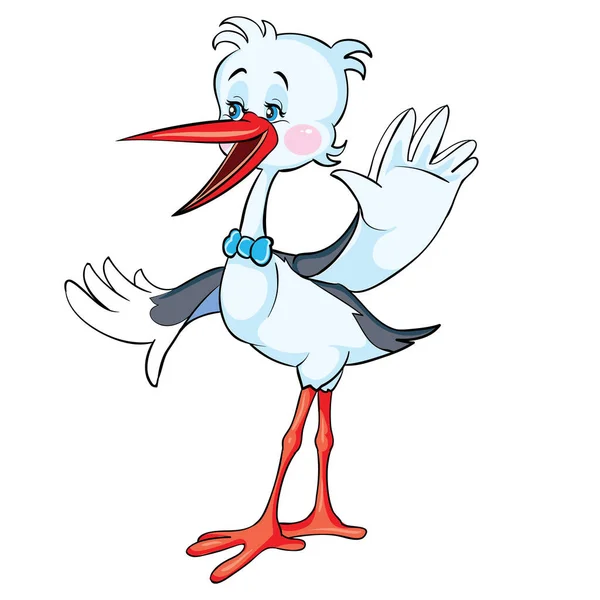 卡通画 可爱的鹤带着红色的领结轻盈地拍打着翅膀 白色背景上的孤立物体 — 图库矢量图片