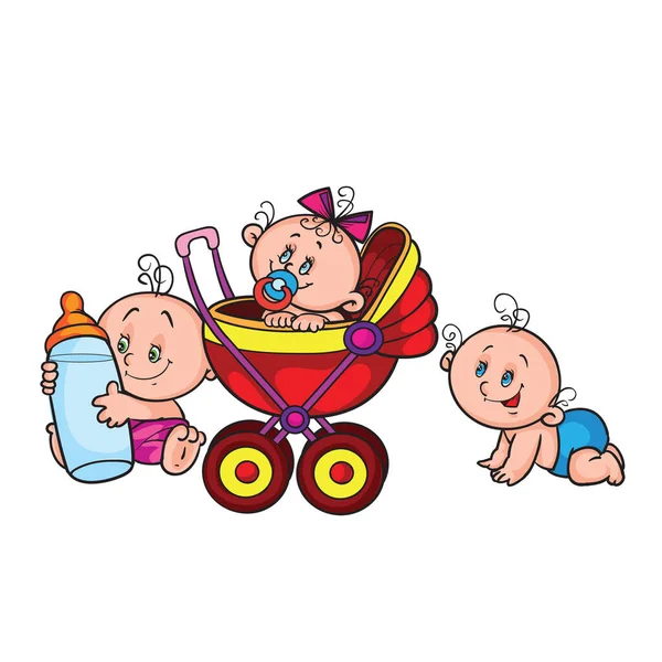 漫画のイラスト 3人の赤ちゃん 1人はクロールしている 2番目はミルクの大きなボトルで 3番目はベビーカーに座っている 白い背景に孤立したオブジェクト ベター Eps — ストックベクタ