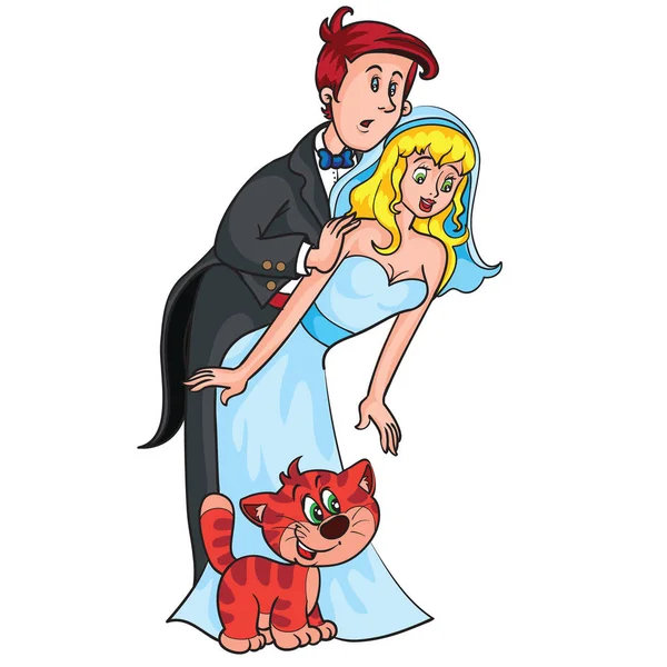 Illustrazione Cartone Animato Sposi Novelli Sposi Loro Gatto Rosso Oggetto — Vettoriale Stock