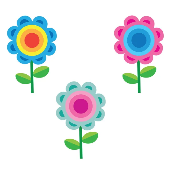 Cartoon Illustratie Set Van Drie Veelkleurige Bloemen Geïsoleerd Object Een — Stockvector