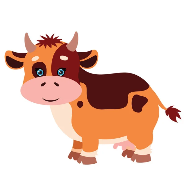 Flat Cute Red Cow Brown Spots Isolated Object White Background — Stock Vector