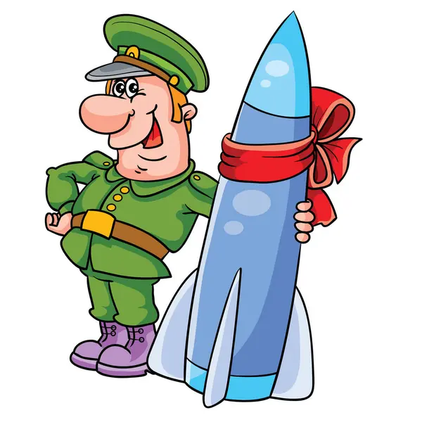 一个军人站在一个装有红色弓的炸弹的拥抱中 白色背景上的孤立物体 矢量图解 免版税图库插图