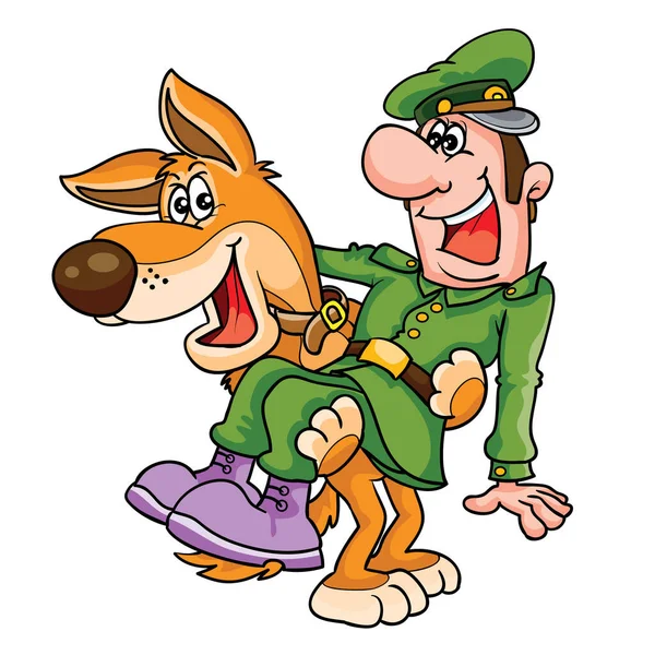 一只大狗在它的爪子上抱着一个喝醉的士兵 白色背景上孤立的物体 矢量图解 图库插图
