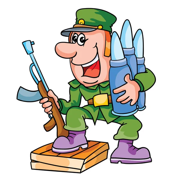 Військовий Солдат Тримає Пістолет Руках Обіймає Великі Кулі Карикатуру Ізольований Векторна Графіка