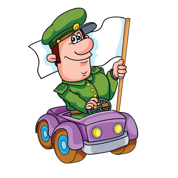 一个军人驾驶一辆小车 上面挂着一面白色的大旗 卡通画 白色背景上的孤立物体 矢量图解 免版税图库插图