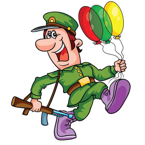 Fröhlicher Militärmann Der Mit Gewehr Und Farbigen Luftballons Geht Cartoon Stockvektor