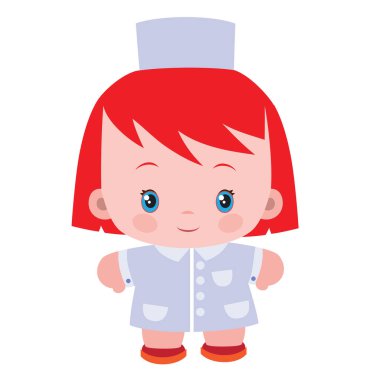 Görüntü, kızıl saçlı, doktor şapkası ve paltosu olan ve kahverengi ayakkabılar giyen bir adamın çizgi film karakterini gösteriyor. Karakterin büyük mavi gözleri ve gülümsemeleri var..