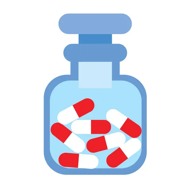 Görüntü Kırmızı Beyaz Kapsüller Içeren Mavi Bir Ilaç Şişesinin Beyaz Stok Vektör