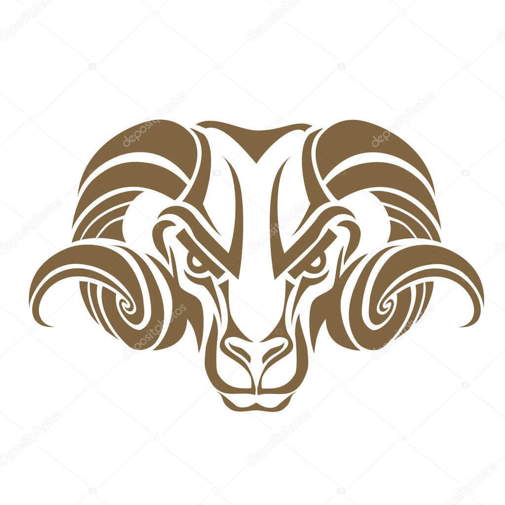 The image shows a stylized graphic drawing of a ram's head. The design is symmetrical, with expressive curved horns and features that suggest a strong, focused expression. This image may be relevant as a logo, emblem or representation of strength and
